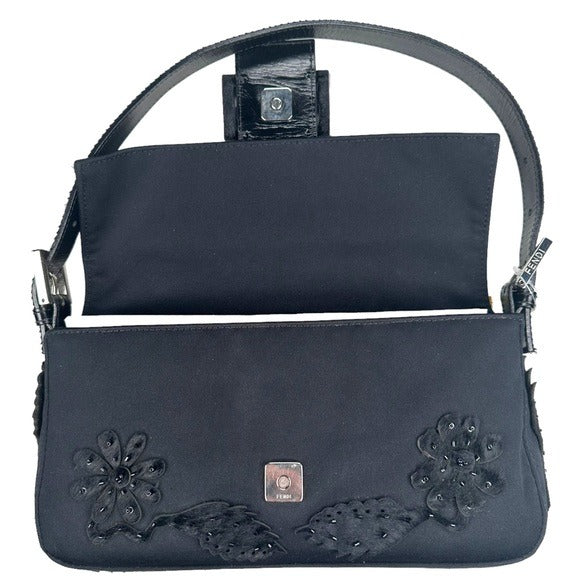 Fendi Black Beaded Appliqué Floral Pony Hair Detail & Strap Flap Baguette