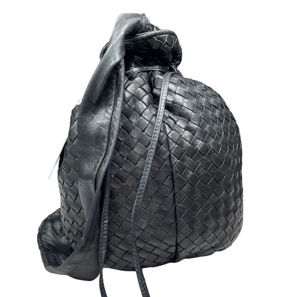 Bottega Veneta Black Leather Small Woven Round Drawstring Bucket Shoulder Purse
