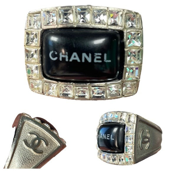 Chanel CC Multi Channel Set Rhinestone CZ Silver Tone Estate Ring Size 7