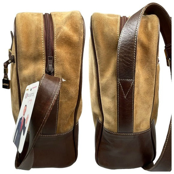 Loewe Leather Suede Brown Tan Zip Crossbody Everyday Casual Travel Bag Purse