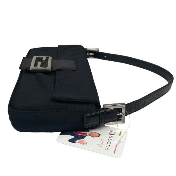 Fendi Black Satin Silver FF Baguette Flap Bag Purse Shoulder Leather Snap Clutch