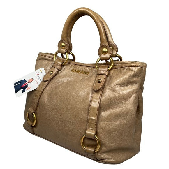Miu Miu Golden Wheat Leather Crossbody Satchel Purse Snap Zip Blush Satin Bag