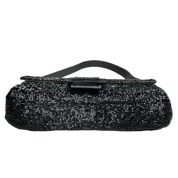 Fendi Black Silver Beaded Baguette Leather Strap Shoulder Purse Flap Bag