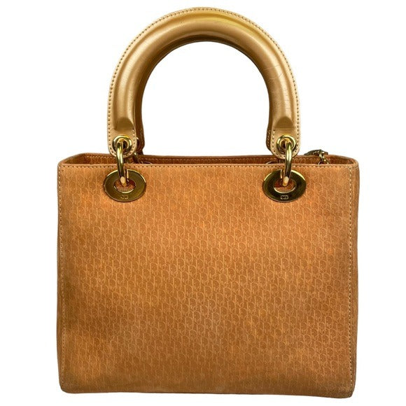 Christian Dior Lady Monogram Suede Tan Golden Handle Enamel Leather Top Handle