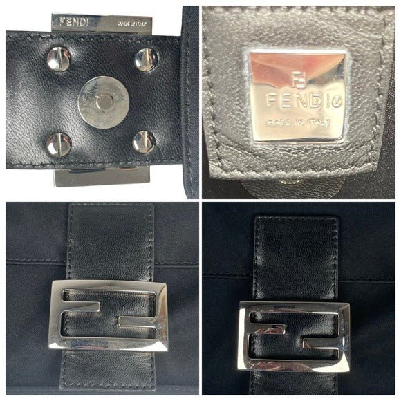 Fendi Black Satin Silver FF Baguette Flap Bag Purse Shoulder Leather Snap Clutch
