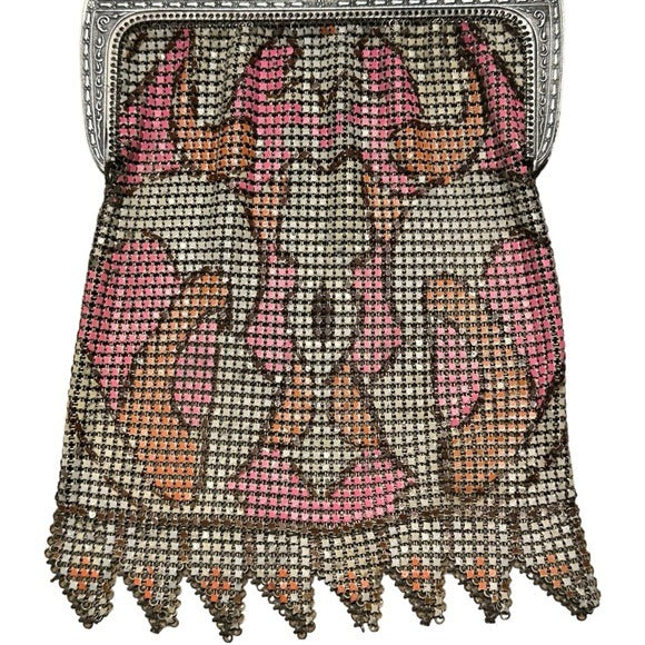Whiting & Davis Med. Sterling Metal Mesh Plate Pink Orange Abstract Clutch Purse