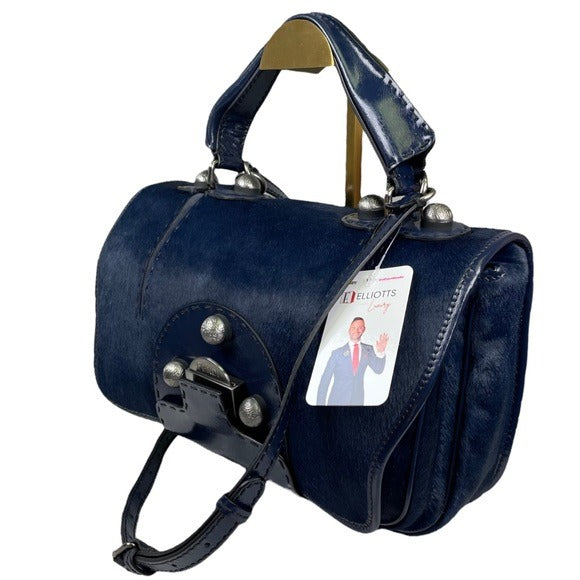 Fendi Selleria Calf Hair Navy Blue Messenger Gunmetal Flap Two Way Crossbody Bag