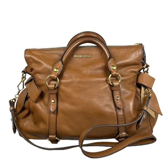 Miu Miu XL Crossbody Satchel Brown Brushed Gold Leather Bow Side Purse Hobo Bag
