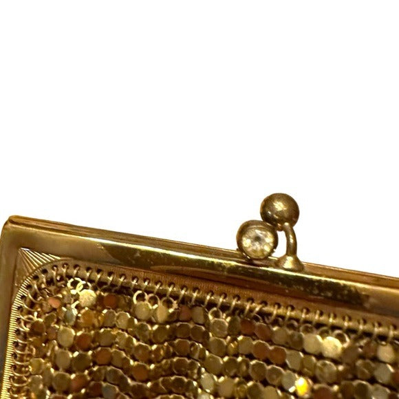 Whiting & Davis Mini Gold Metal Mesh Frame Rhinestone Kiss-Lock Coin Card Clutch