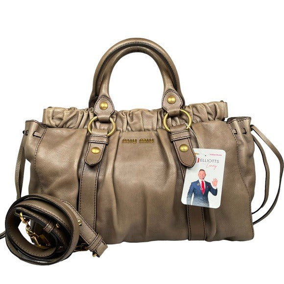 Miu Miu Leather Earthy Brown Brass Hardware Convertible Tote Handbag Purse