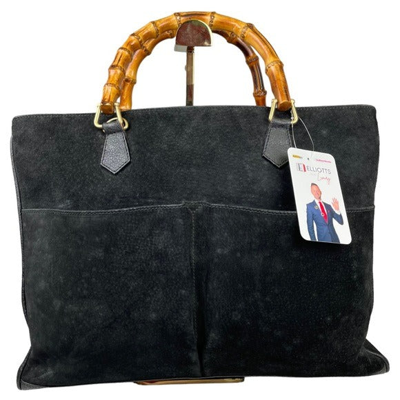 Gucci GG Diana Bamboo Black Suede Leather Dual Snap XL Pocket Top Handle Tote