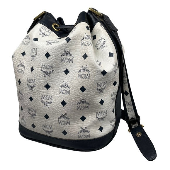 MCM Blue & White Viestos Coated Canvas Leather Drawstring Bucket Crossbody Bag Purse