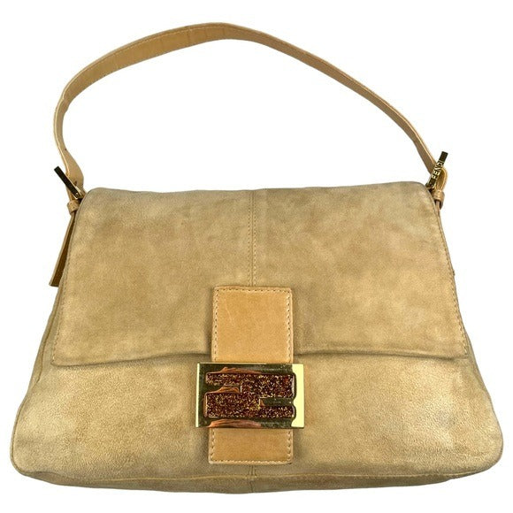 Fendi Tan Gold Suede Gold Glitter FF Mama Baguette Shoulder Purse