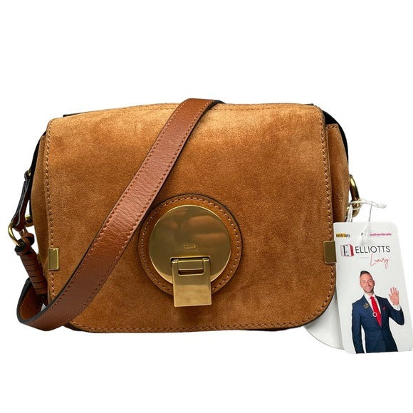 Chloe Classic Nubuck Suede Tan Brown Gold Zippy Shoulder Purse Bag Boxy Flap