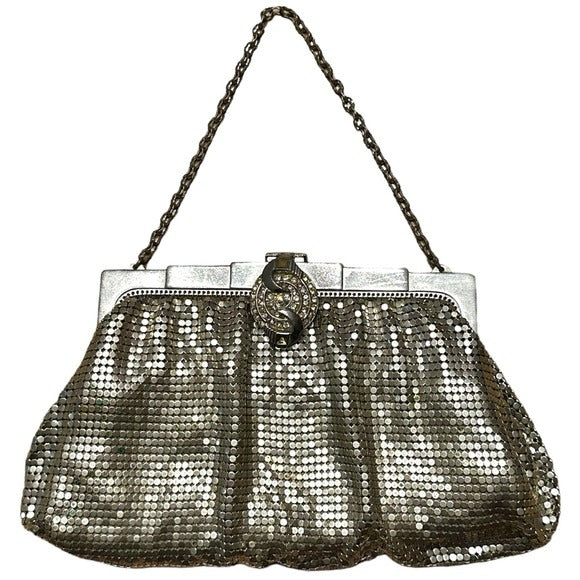 Whiting & Davis Rhinestone Clip Lock Metal Mesh Clutch Wristlet Silver Purse