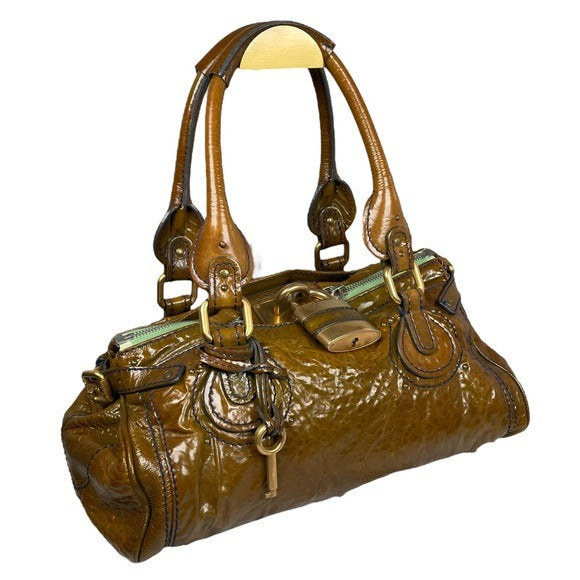 Chloe Bronze Blue Stitch Patent Leather Large Paddington Lock Shoulder Bag Tote