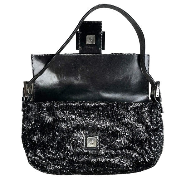 Fendi Black Silver Beaded Baguette Leather Strap Shoulder Purse Flap Bag