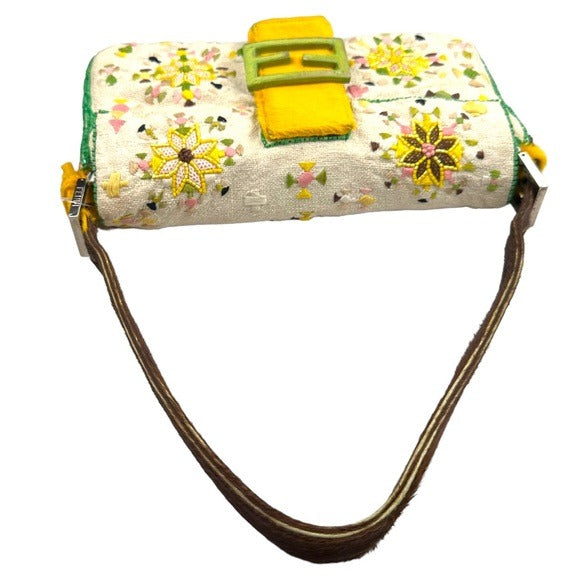 Fendi Mustard Pastel Cavnas Beaded Cow Brown Pony Hair Baguette Shoulder Purse