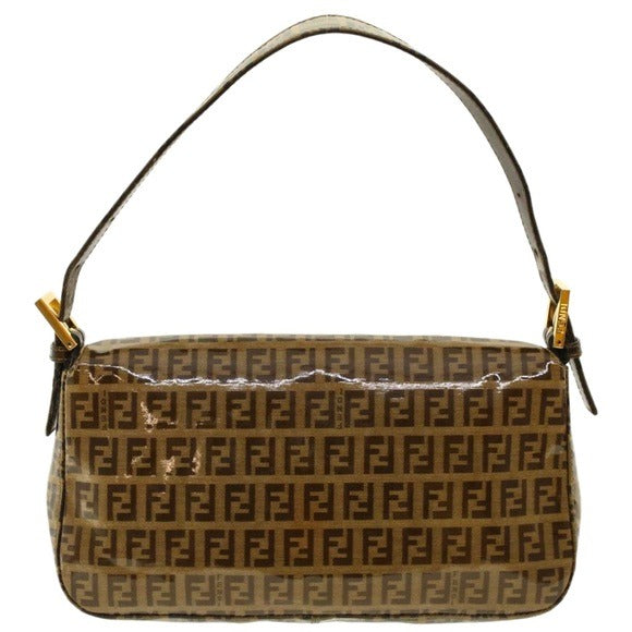 Fendi Zucchino Coated Canvas Baguette Shoulder Leather Strap Bag Beige Purse