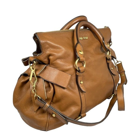 Miu Miu XL Crossbody Satchel Brown Brushed Gold Leather Bow Side Purse Hobo Bag
