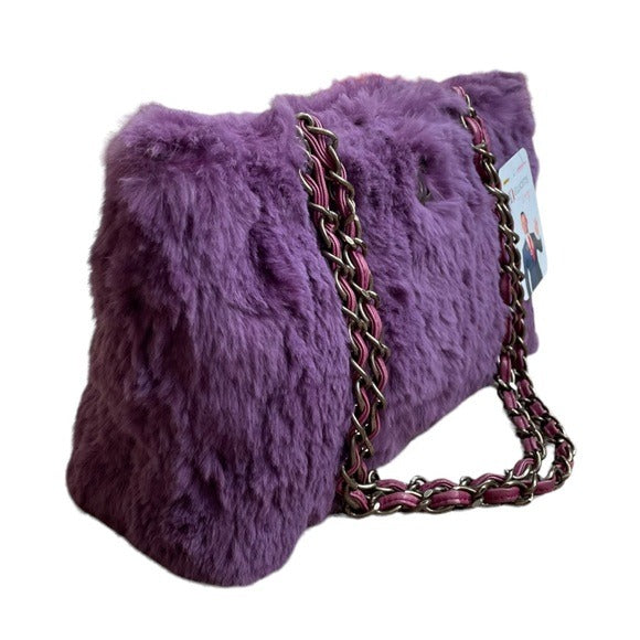 Chanel CC Antique Brushed Hardware Leather Chain Large Rabbit Fur Purple Purse