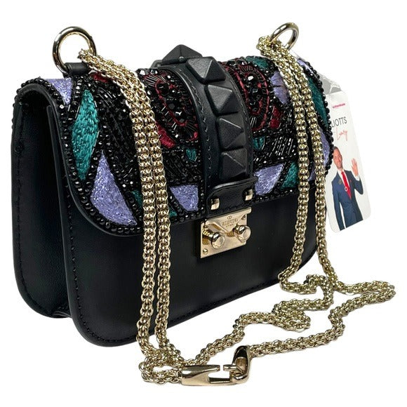 Valentino Garavani Beaded Rock Studded Chain Black Leather Multi Cross Bod Minu Bag