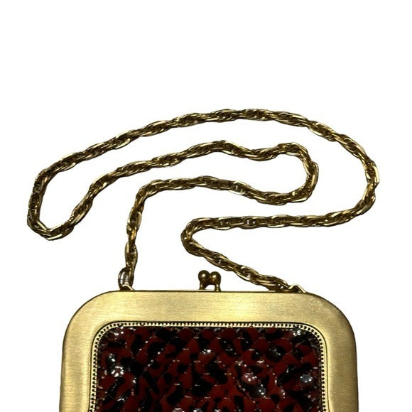 Whiting & Davis Brushed Gold Metal Mesh Shoulder Kiss-Lock Wristlet Clutch Purse