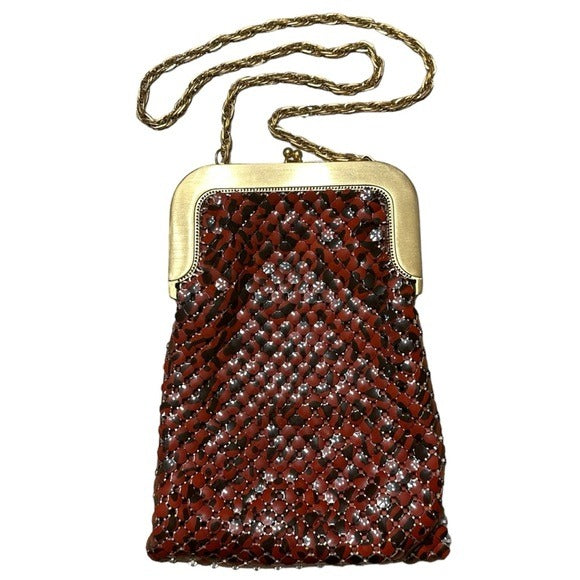 Whiting & Davis Brushed Gold Metal Mesh Shoulder Kiss-Lock Wristlet Clutch Purse
