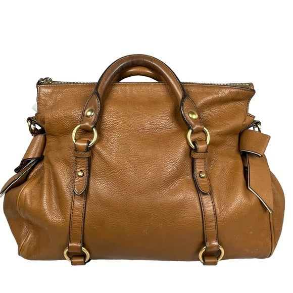 Miu Miu XL Crossbody Satchel Brown Brushed Gold Leather Bow Side Purse Hobo Bag