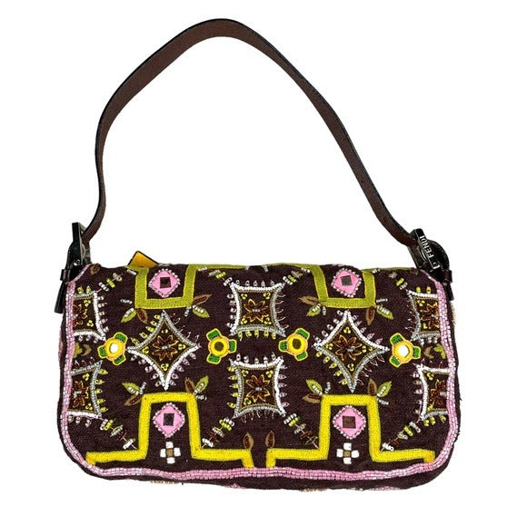 Fendi Brown Canvas Mirrored Beaded Fringe Leather Baguette Shoulder Purse