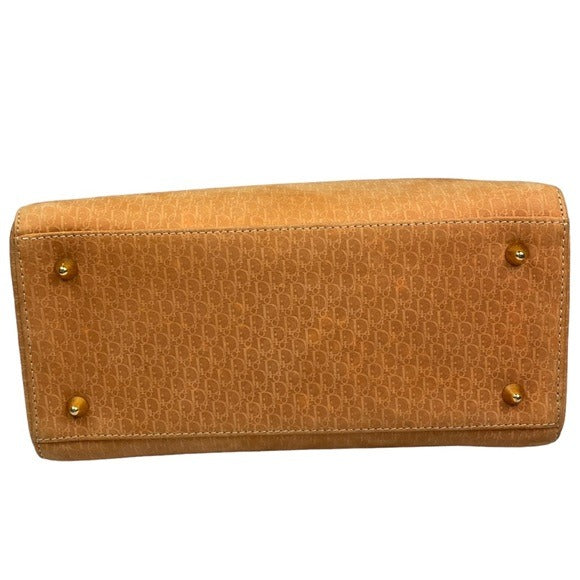Christian Dior Lady Monogram Suede Tan Golden Handle Enamel Leather Top Handle