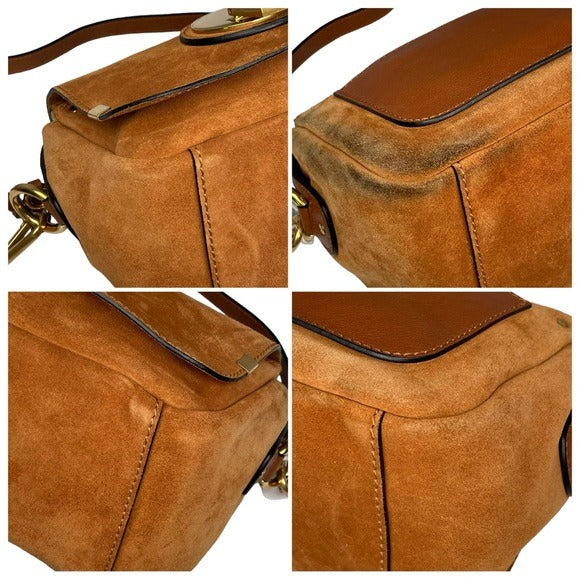 Chloe Classic Nubuck Suede Tan Brown Gold Zippy Shoulder Purse Bag Boxy Flap