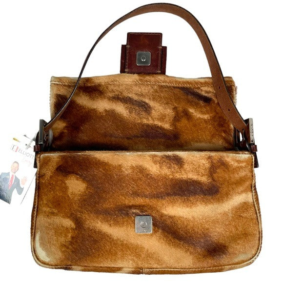 Fendi Calf-Hair Abstract Classic Baguette Shoulder Purse Flap Sterling Bag