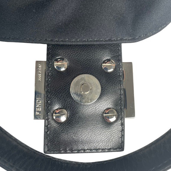 Fendi Black Satin Silver FF Baguette Flap Bag Purse Shoulder Leather Snap Clutch