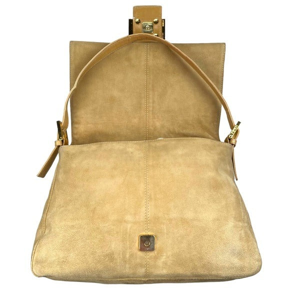 Fendi Tan Gold Suede Gold Glitter FF Mama Baguette Shoulder Purse