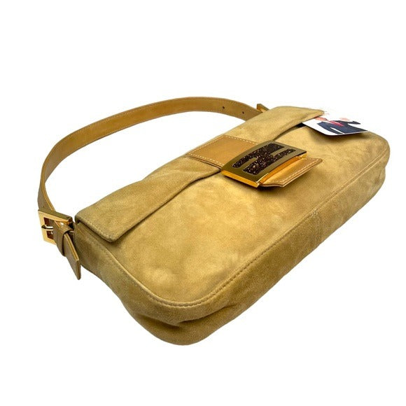 Fendi FF Glitter Tan Leather Gold Flap Bag Logo Suede Baguette Shoulder Purse