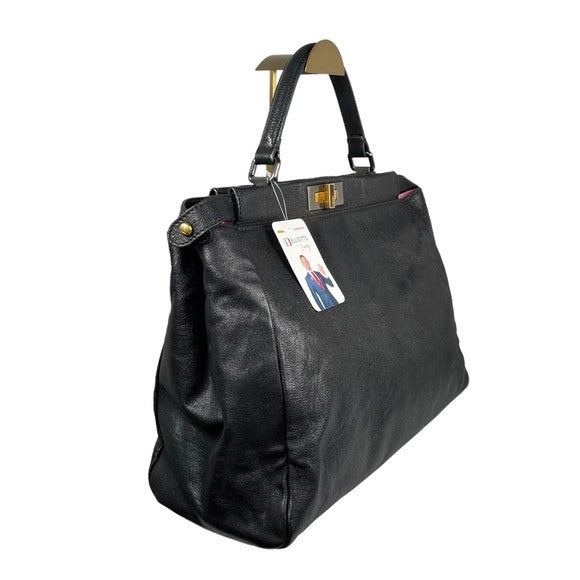 Fendi Black Leather Large Peek-A-Boo Exotic Turn-Key Top Handle Purse To…