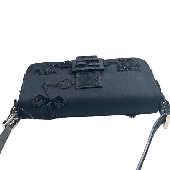 Fendi Black Beaded Appliqué Floral Pony Hair Detail & Strap Flap Baguette