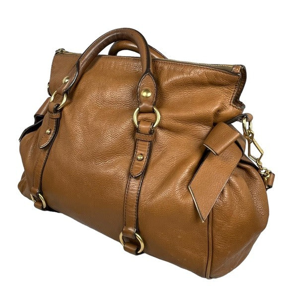 Miu Miu XL Crossbody Satchel Brown Brushed Gold Leather Bow Side Purse Hobo Bag