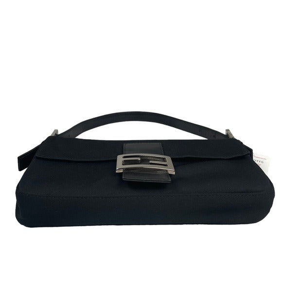 Fendi Black Satin Silver FF Baguette Flap Bag Purse Shoulder Leather Snap Clutch