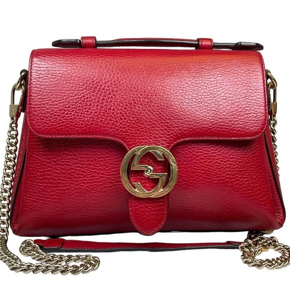 Gucci GG Red Flip Clip Closure Flap Pebbled Leather Gold Chain Crossbody Purse