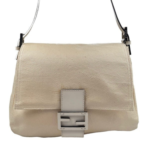 Fendi Mama Baguette Micro Woven Canvas White Strap Leather Logo