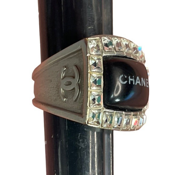 Chanel CC Multi Channel Set Rhinestone CZ Silver Tone Estate Ring Size 7