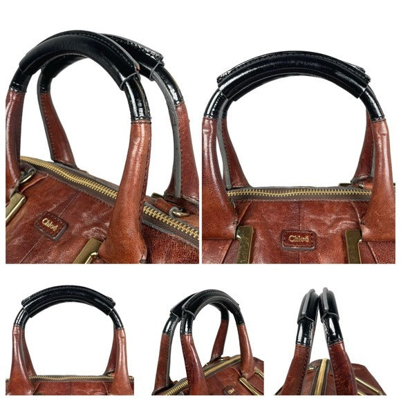 Chloe XL Ethel Two Tone Patent Leather Brown Black Zippy Oval Handbag Tote Purse