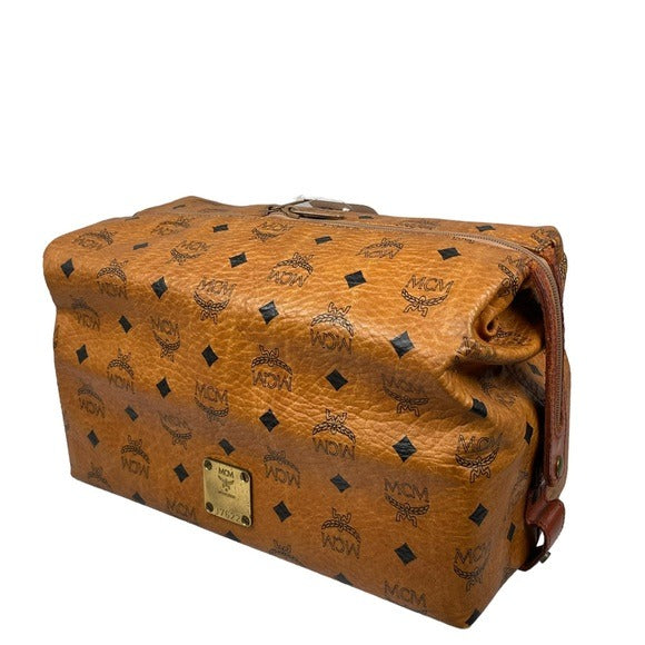 MCM Cognac Viestos Brown Black Zippy Travel Toiletry Cosmetic Bag Large Bucket