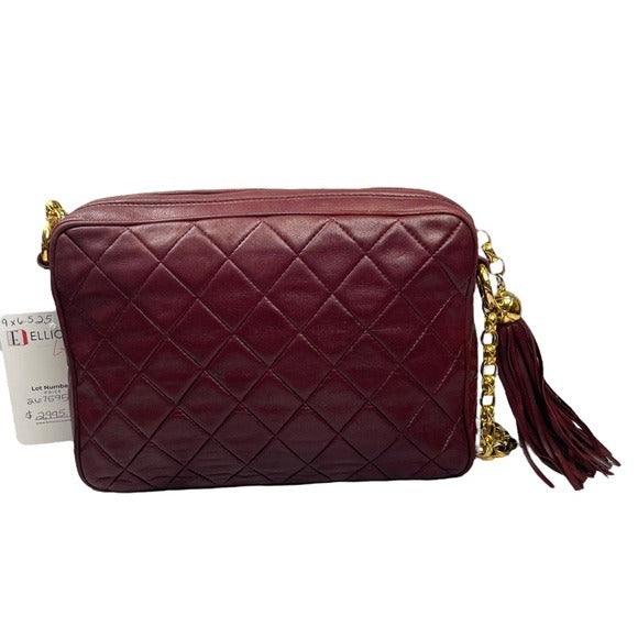 Chanel CC Lambskin Bordeaux Quilted Crossbody 24K Plated Chain Tassel Purse Bag