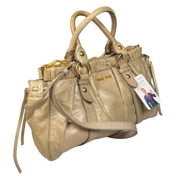 Miu Miu Rippled Gold Leather Shoulder Purse Two-Way Crossbody Zip Bag