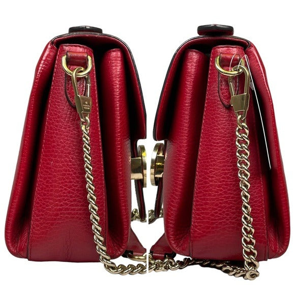 Gucci GG Red Flip Clip Closure Flap Pebbled Leather Gold Chain Crossbody Purse