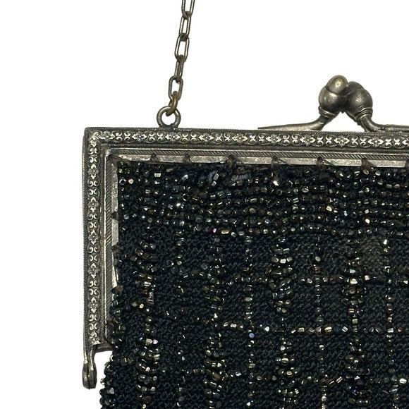 Whiting Davis Sterling Plated Black Kiss-Lock Evening Beaded Wovens Mesh Clutch