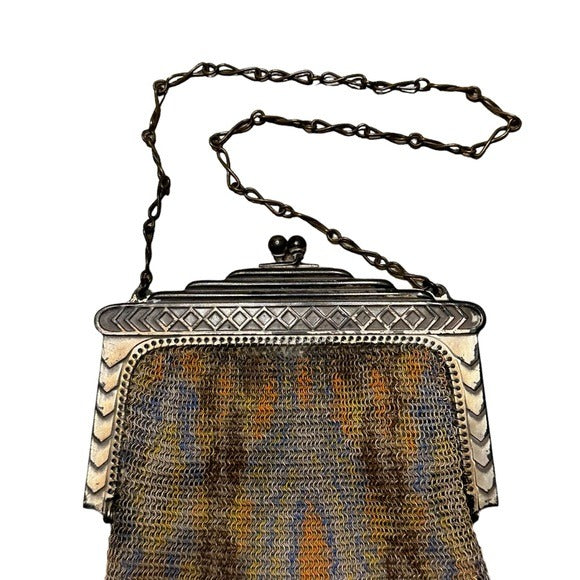 Whiting & Davis Metal Mesh Abstract Kiss-Lock Wristlet Mini Purse Clutch